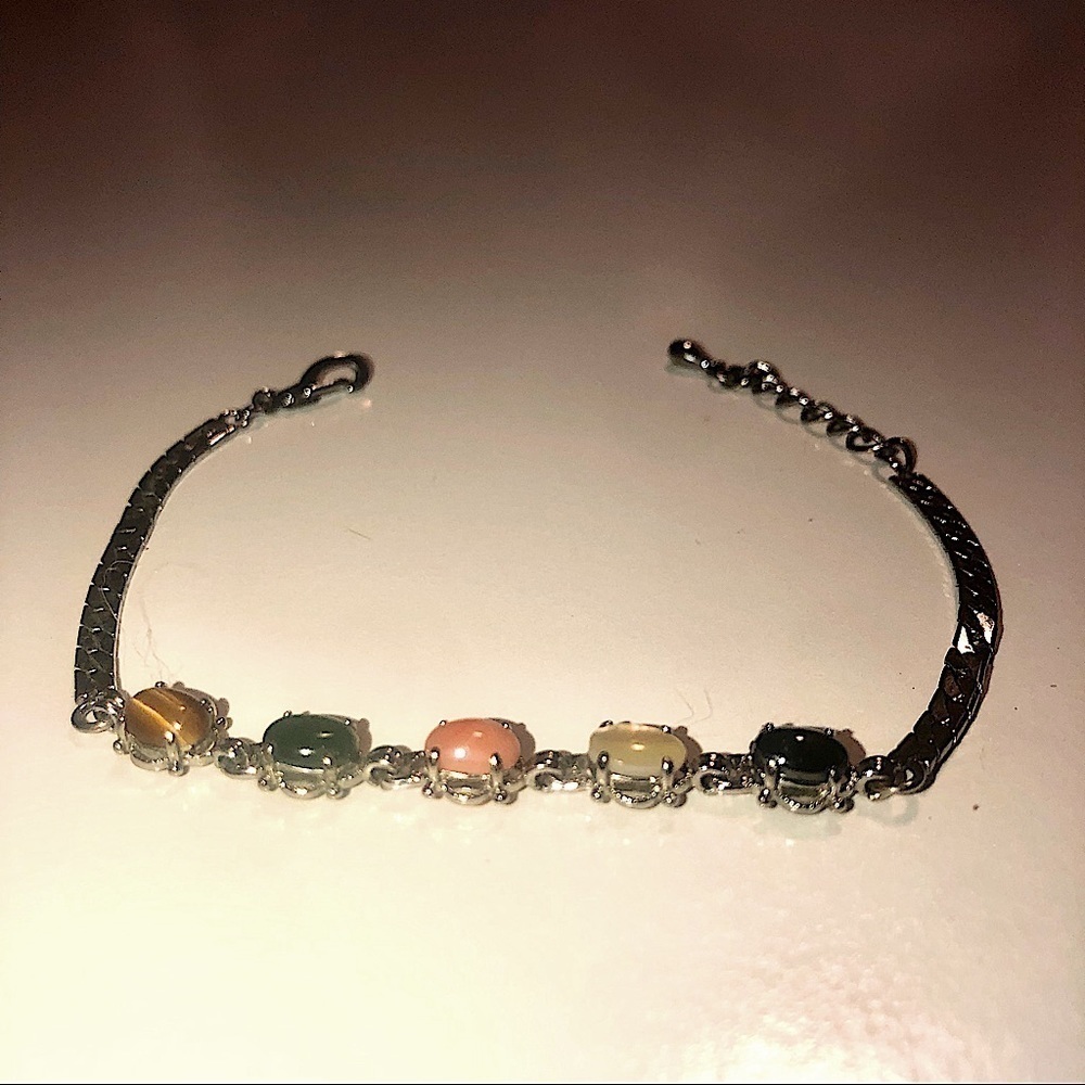 VTG Gemstone Silver Tone Coral Jade Tigers Eye Mother of Pearl Hematite Bracelet